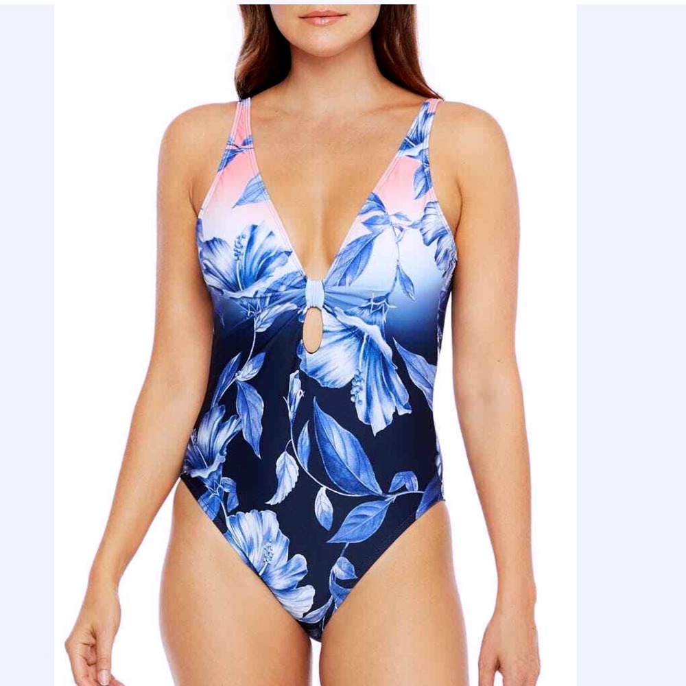 La Blanca One Piece Swimsuit‎ Women 22W Blue Pink Floral NEW Keyhole Convertible